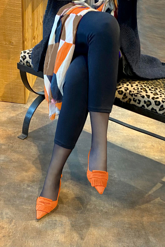 Apricot orange women's slingback shoes. Pointed toe. Medium block heels. Worn view - Florence KOOIJMAN
